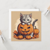 Schattigee Halloween Kitten en Jack-O'-Lantern Kaart (Voorkant / Achterkant in situ)