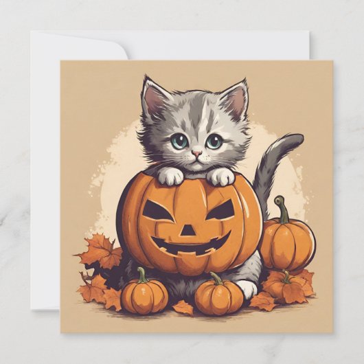 Schattigee Halloween Kitten en Jack-O'-Lantern Kaart (Voorkant)