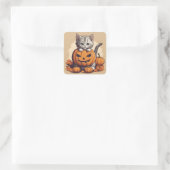 Schattigee Halloween Kitten en Jack-O'-Lantern Vierkante Sticker (Tas)
