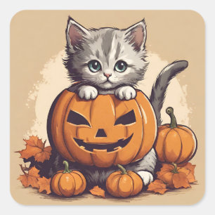 Schattigee Halloween Kitten en Jack-O'-Lantern Vierkante Sticker