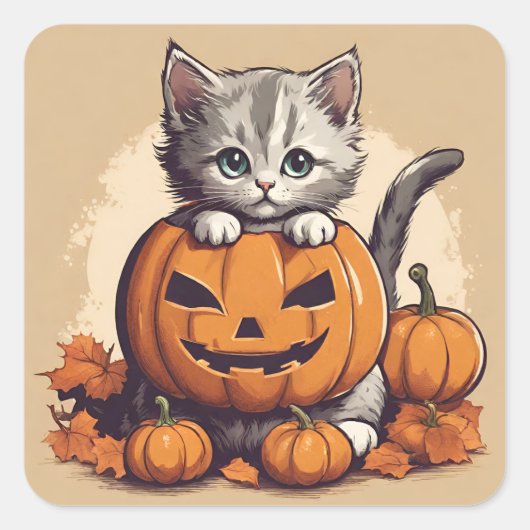 Schattigee Halloween Kitten en Jack-O'-Lantern Vierkante Sticker (Voorkant)