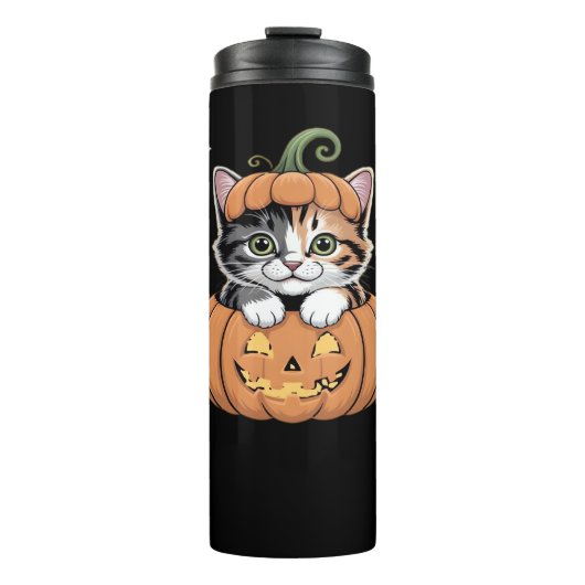 Schattigee Halloween Kitten in een Pumpkin Classic Thermosbeker (Voorkant)