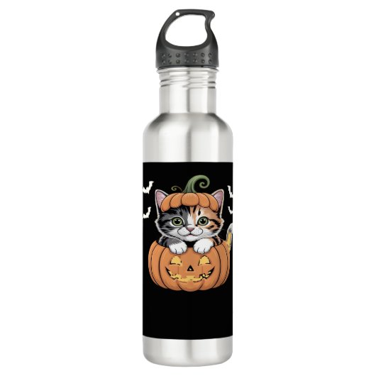 Schattigee Halloween Kitten in een Pumpkin Classic Waterfles (Voorkant)