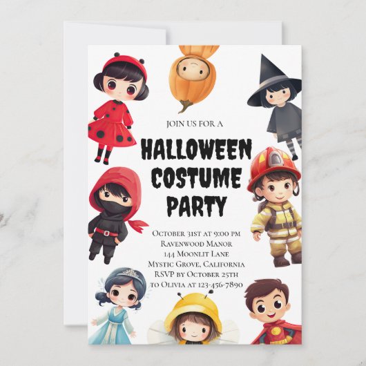 Schattigee Halloween Kostuum Party Invitation voor Kaart (Voorkant)