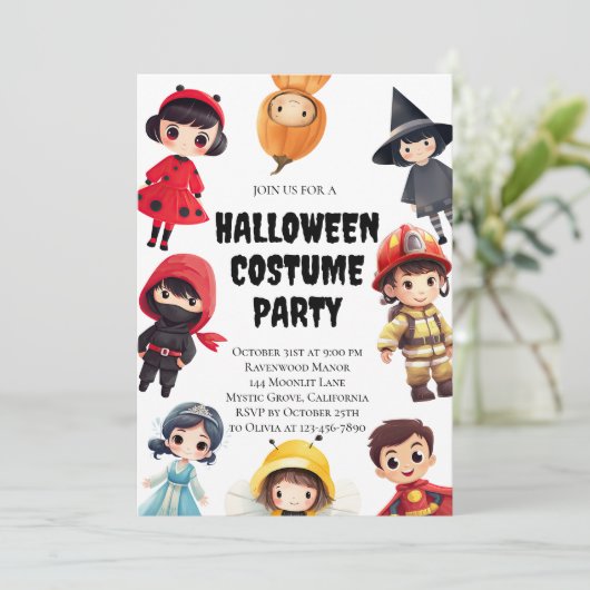 Schattigee Halloween Kostuum Party Invitation voor Kaart (Staand voorkant)