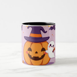 Schattigee Halloween-Mok - Kawaii Pumpkin, Ghost & Tweekleurige Koffiemok