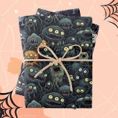 Schattigee Halloween Monsters in Dark humeurige Gr Inpakpapier Vel