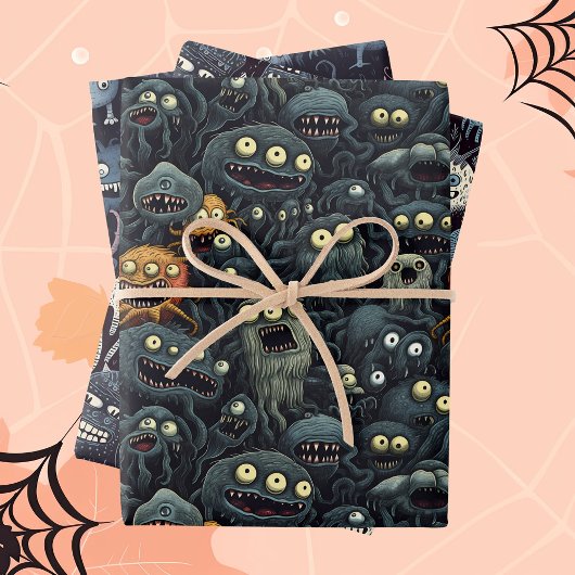 Schattigee Halloween Monsters in Dark humeurige Gr Inpakpapier Vel