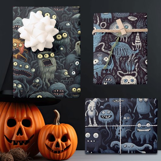 Schattigee Halloween Monsters in Dark humeurige Gr Inpakpapier Vel