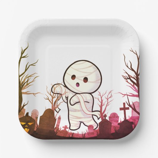 Schattigee Halloween-mummie in Spooky Graveyard -  Papieren Bordje (Voorkant)