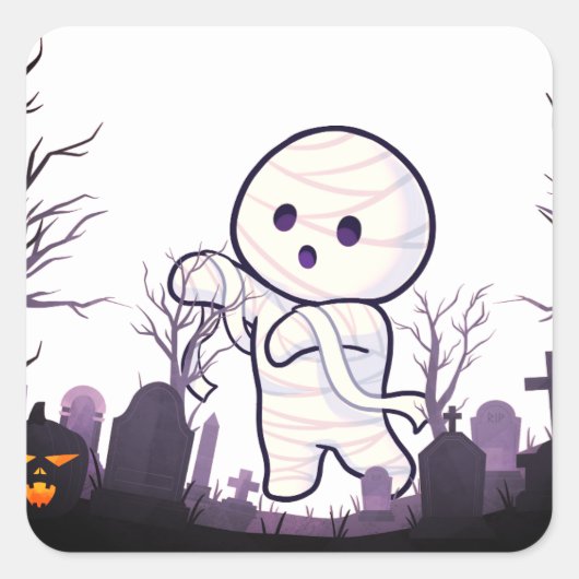 Schattigee Halloween-mummie in Spooky Graveyard -  Vierkante Sticker (Voorkant)