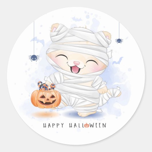 Schattigee Halloween Mummy en Pompoen Ronde Sticker (Voorkant)