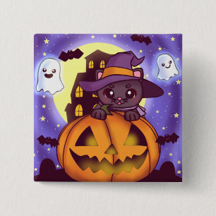 Schattigee Halloween Oktober Heksenkat Vierkante Button 5,1 Cm