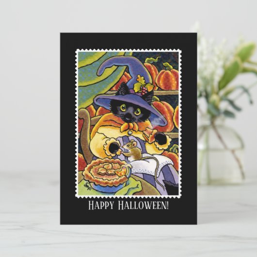 Schattigee Halloween Pie Witch Black Cat Mouse Fun Kaart (Staand voorkant)