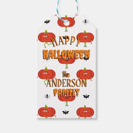 Schattigee Halloween pompoenen, spin & vleermuispa Cadeaulabel (Voorkant)