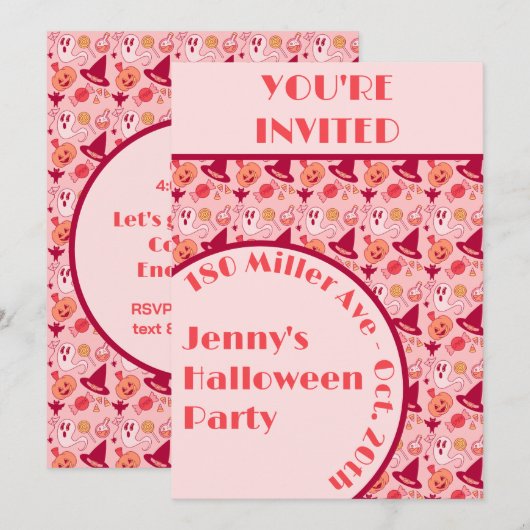 Schattigee Halloween Roze Meisje's Party Invitatio Kaart (Voorkant / Achterkant)