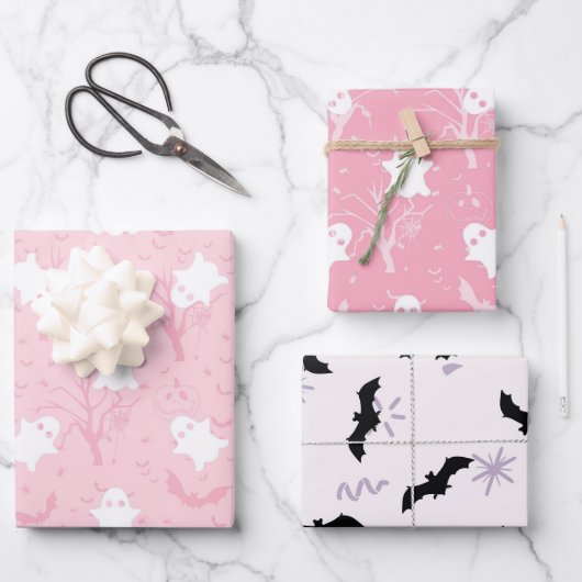 Schattigee Halloween roze spook en vleermuis Inpakpapier Vel (Voorkant)