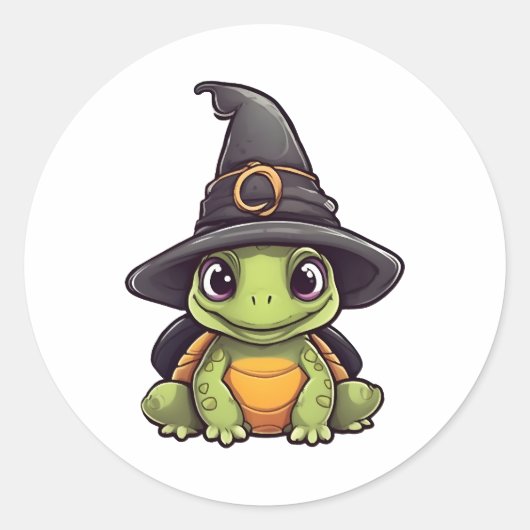 Schattigee Halloween schildpad met een heks pet. Ronde Sticker (Voorkant)