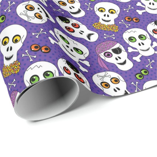 Schattigee Halloween Skulls op Paarse Cadeaupapier (Rol Hoek)