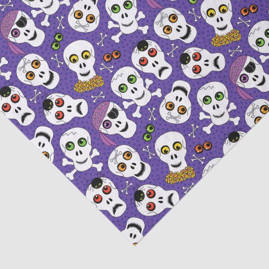 Schattigee Halloween Skulls op Paarse Tissuepapier (Detail)