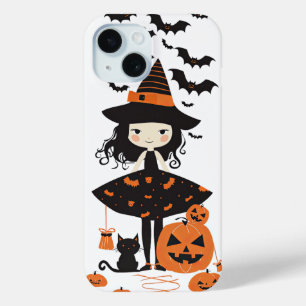 Schattigee Halloween Spooky Witch Black Cat Bats P iPhone 15 Case