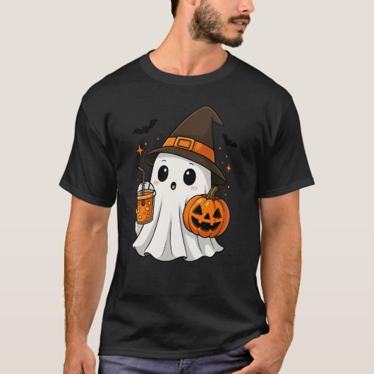Schattigee Halloween Spooky Witch Ghost met pompoe T-shirt (Voorkant)