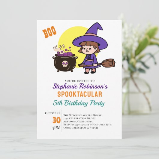 Schattigee Halloween Spooky Witch Kids Verjaardags Kaart (Staand voorkant)