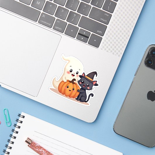 Schattigee Halloween Squad | Kawaii Ghost & Pumpki Sticker (Laptop met iPhone)