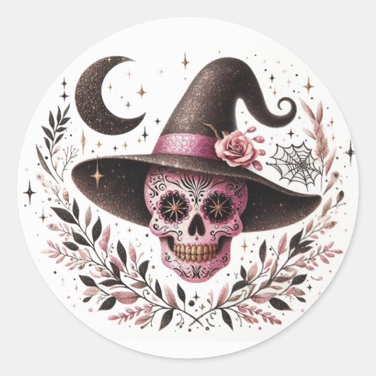 Schattigee Halloween Sugar Skull Witch Ronde Sticker (Voorkant)