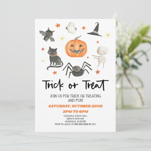 Schattigee Halloween Trick or treat Uitnodiging (Staand voorkant)