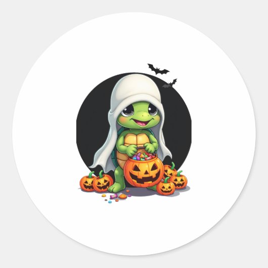Schattigee Halloween Turtle Ghost met Snoep (7) Ronde Sticker (Voorkant)