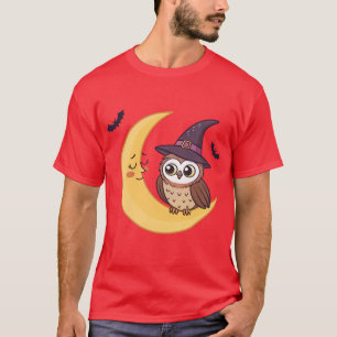 Schattigee Halloween Uil op Crescent Moon T-shirt