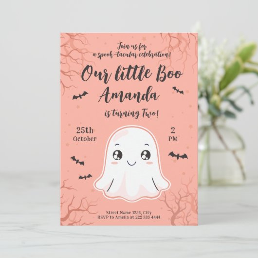 Schattigee Halloween Verjaardag met Kawaii Ghost & Kaart (Staand voorkant)