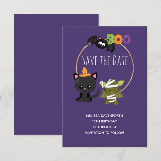 Schattigee Halloween Verjaardagskat, Bat & Mummy B Save The Date (Voorkant / Achterkant)