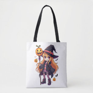 Schattigee Halloween Witch Anime Girl Sticker Tote Bag