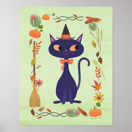 Schattigee Halloween Witch Cat Art Print (Voorkant)