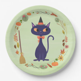 Schattigee Halloween Witch Cat Green Papieren Bordje