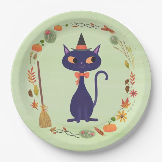 Schattigee Halloween Witch Cat Green Papieren Bordje (Voorkant)