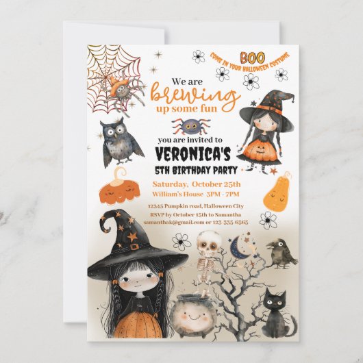 Schattigee Halloween Witch Kinder Partij Kaart (Voorkant)