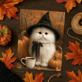 Schattigee Halloween Witte Kattenheks met Koffieko Briefkaart