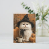 Schattigee Halloween Witte Kattenheks met Koffieko Briefkaart (Staand voorkant)