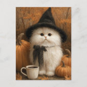 Schattigee Halloween Witte Kattenheks met Koffieko Briefkaart (Voorkant)
