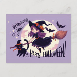 Schattigee Halloween-woordspeling met heks en kat Briefkaart