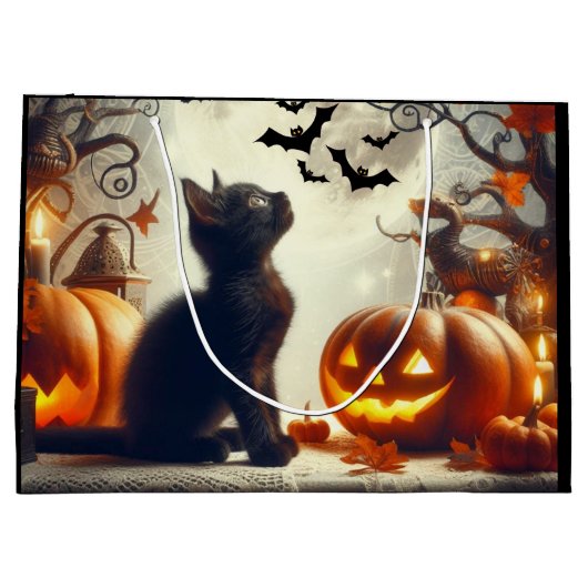 Schattigee Halloween zwarte kat geschenktas Groot Cadeauzakje (Achterkant)