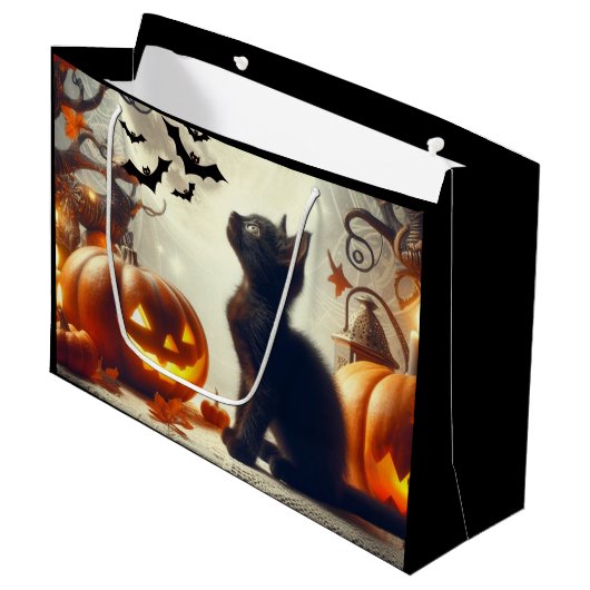 Schattigee Halloween zwarte kat geschenktas Groot Cadeauzakje (Voorkant Gekanteld)