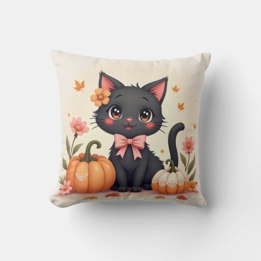 Schattigee Halloween Zwarte Kat met Pompoenen - Vi Kussen (Voorkant)