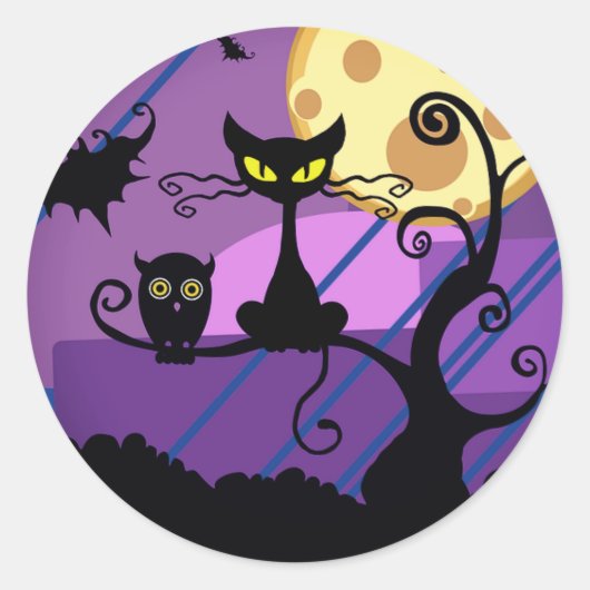 Schattigee Halloween zwarte kat / uil & spooky tre Ronde Sticker (Voorkant)