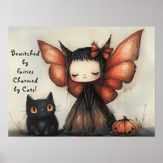 Schattigee Halloweenfee met Cat & Pumpkin Fantasy Poster (Voorkant)