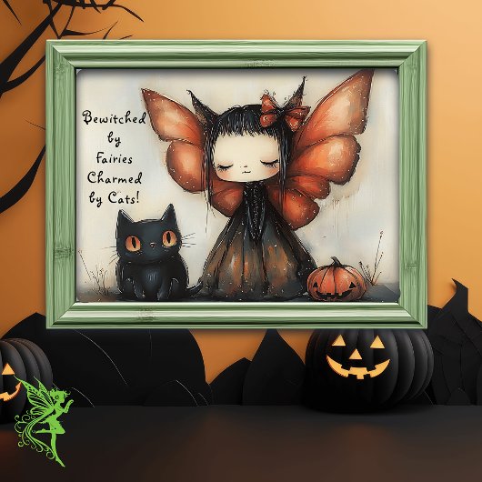 Schattigee Halloweenfee met Cat & Pumpkin Fantasy Poster