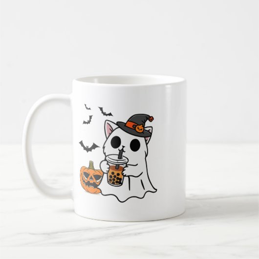 Schattigee Halloweenkat in spookkostuum Drink Boba Koffiemok (Links)